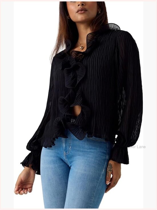 Tops - Eco Long Sleeve Faye Top - Lightweight Sheer Blouse with Ruffle Details